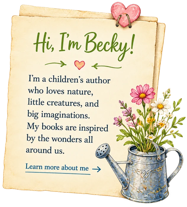 Hi, I’m Becky! I’m a children’s author who loves nature, little creatures, and big imaginations. My books are inspired by the wonders all around us. Learn more about me.