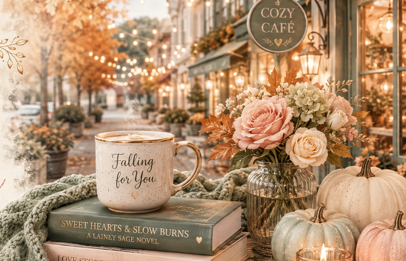 Warm autumn café scene with books, flowers and a cozy drink