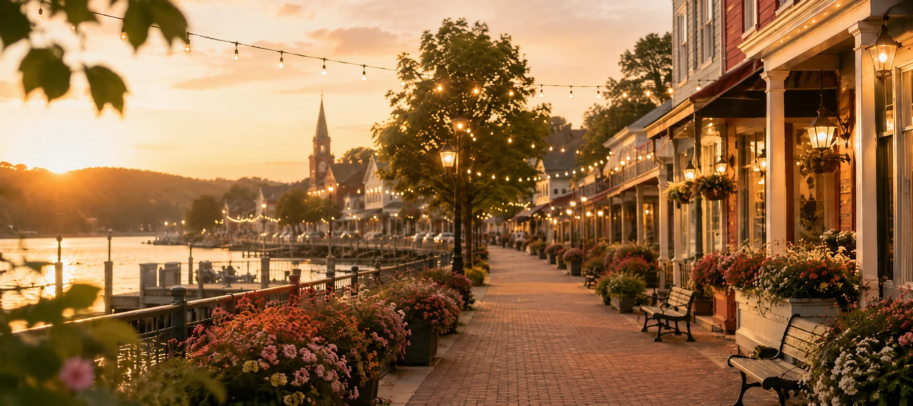Warm small-town waterfront at golden hour