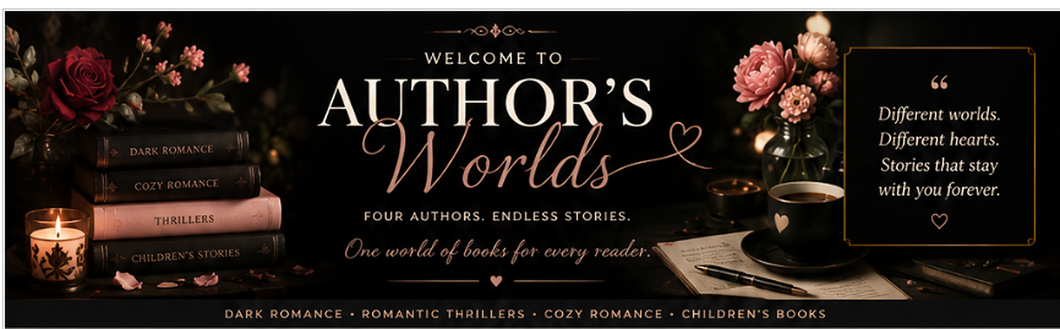 Welcome to Author’s Worlds — a dark literary banner with stacked books, roses, candlelight, coffee, and a quote about stories that stay with you.