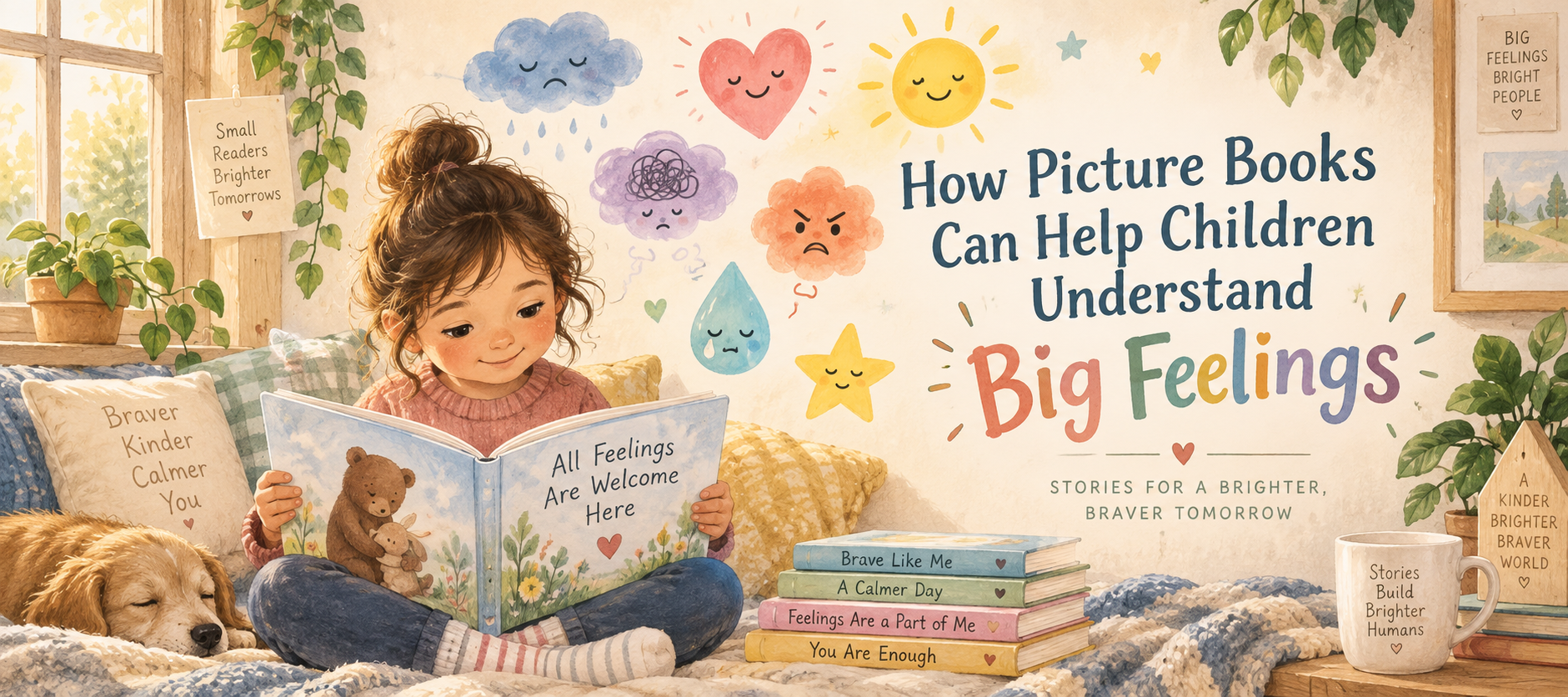Child reading a picture book surrounded by illustrated emotions for Becky Fry’s big feelings article